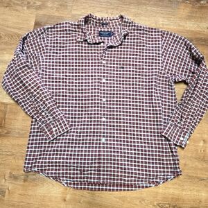 American Eagle Outfitters Red, Navy Blue, And White Casual Button Down Shirt